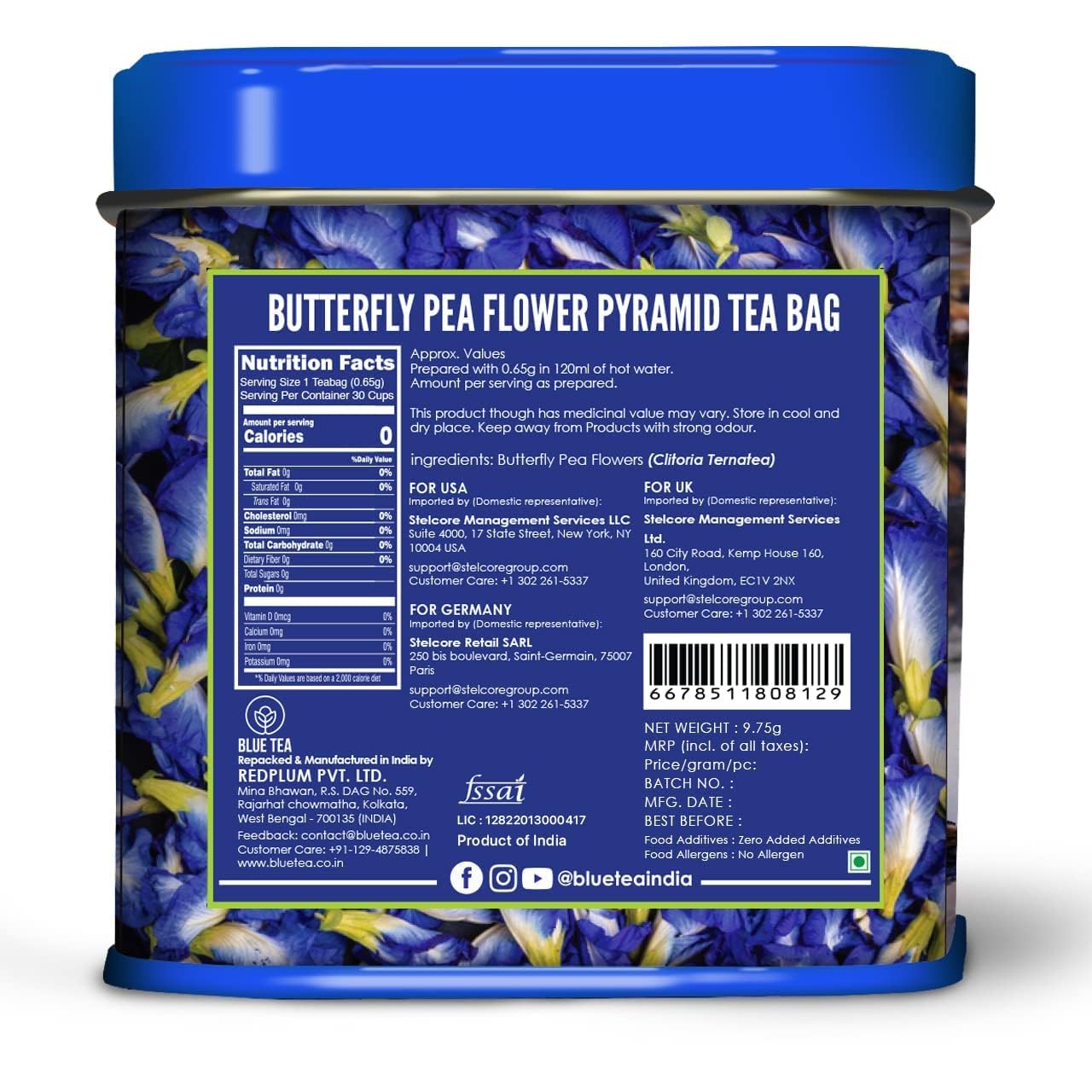 BLUE TEA - Butterfly Pea Flower Tea - 30 Count - Pyramid Plant Based Tea Bag | ANTIOXIDANT RICH | Caffeine Free - Detox Tea - Flower Based - Herbal Tea - Non-GMO | Tin Pack