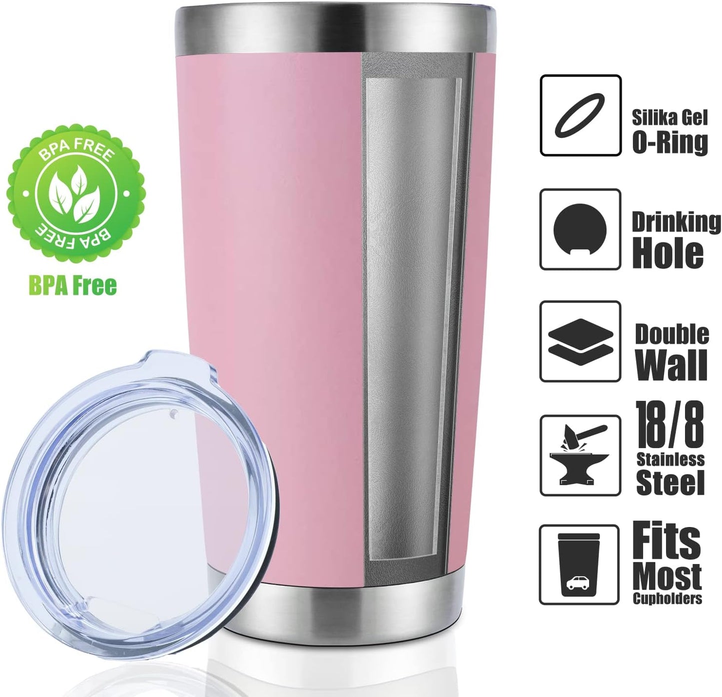 DOMICARE 20oz Stainless Steel Tumbler Bulk with Lid, Double Wall Vacuum Insulated Travel Mug, Powder Coated Coffee Cup, Pink, 1 Pack