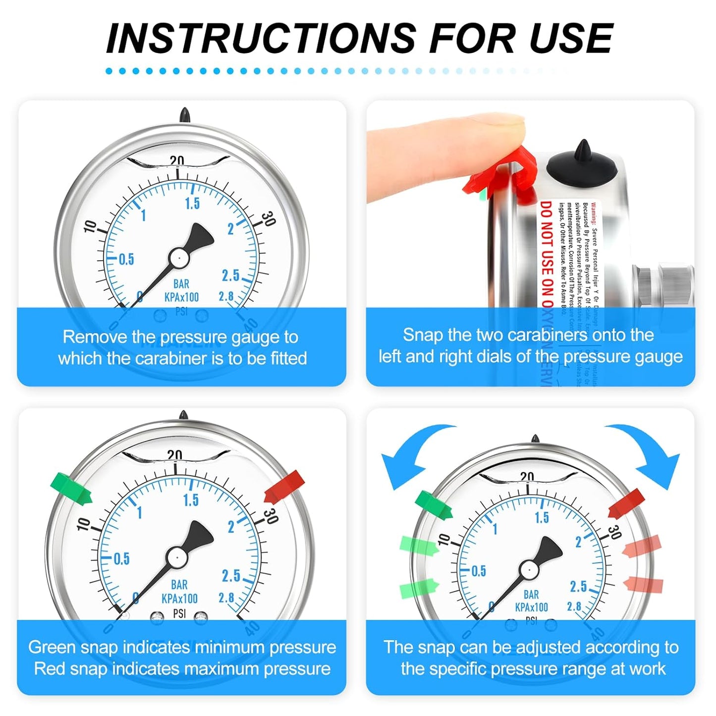 MEANLIN MEASURE 0~40Psi Liquid Filled Pressure Gauge Stainless Steel 2.5" FACE DIAL 1/4" NPT 316 Stainless Steel Joint for Pool Sand Filter Water Oil Air Pressure Test Back Mount, with 2PCS Snaps
