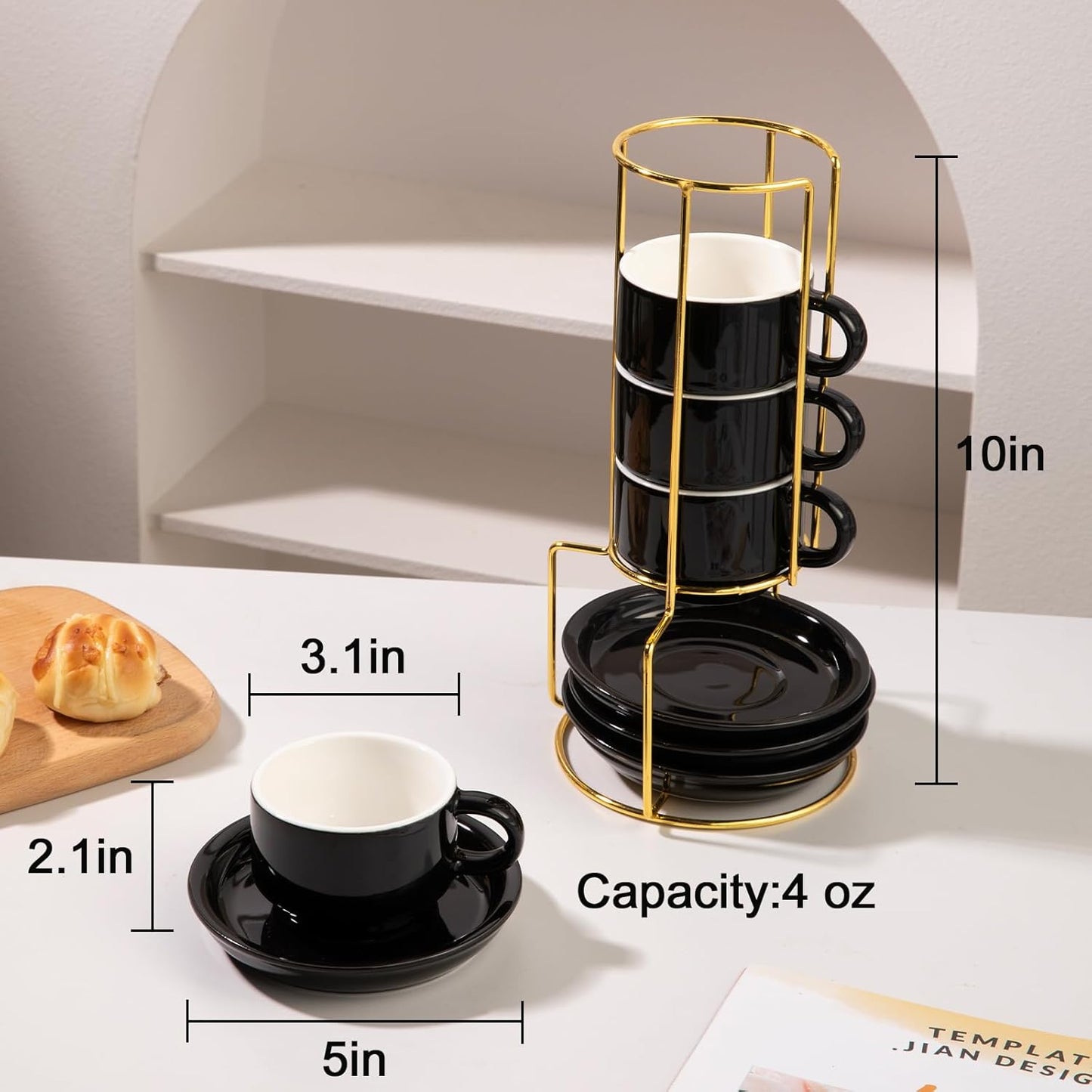 Sweejar Porcelain Espresso Cups with Saucers, 4 Ounce Stackable Cappuccino Cups with Metal Stand for Coffee Drinks, Latte, Tea - Set of 4 (Black Gold Stand)