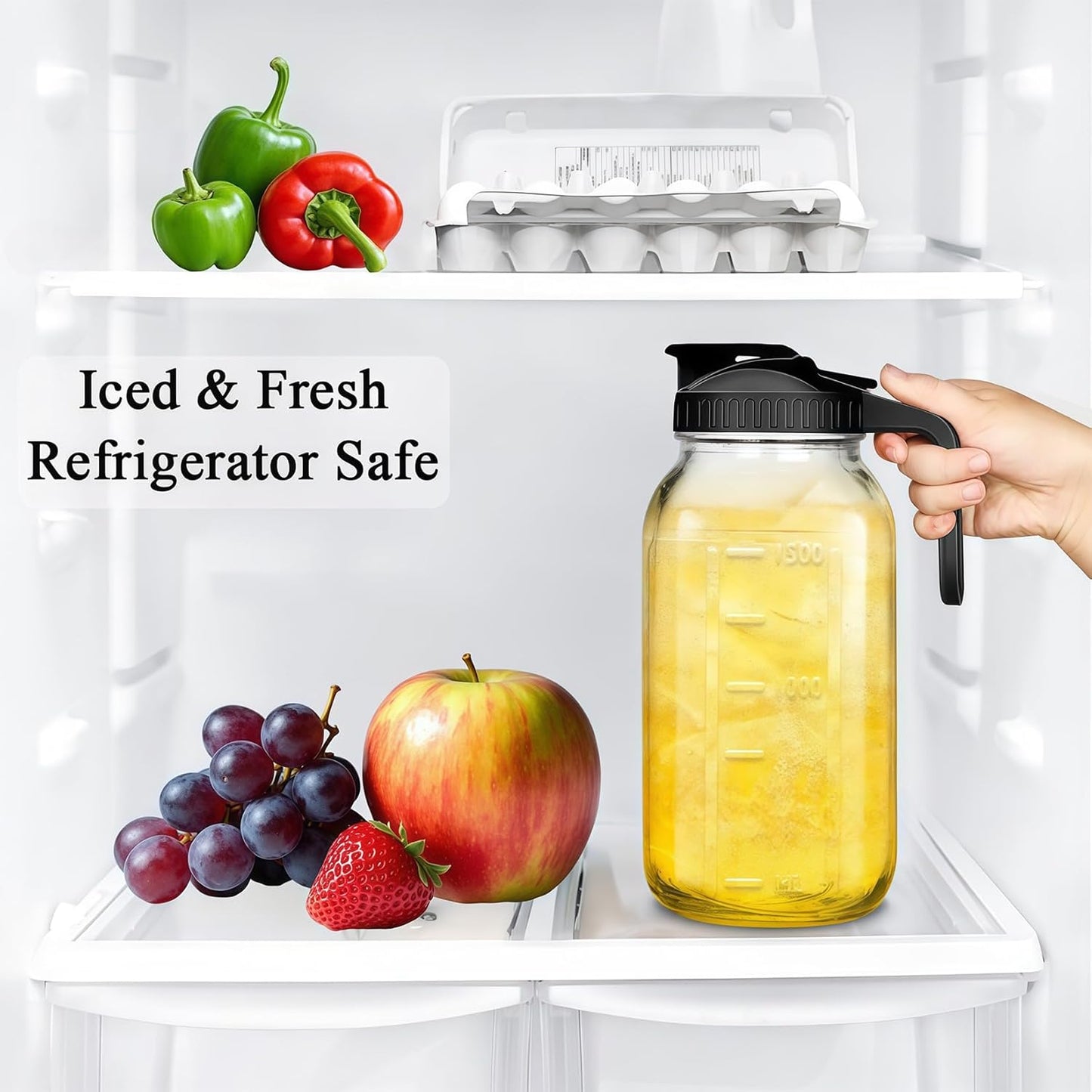 64oz Glass Pitcher Carafes With Handle and Lid, 2 Quart Mason Jar, Large Water Jug, Glass Containers for Fridge, Water Pitcher for Juice, Iced & Sun Tea, Cold Brew Coffee, Homemade Beverage