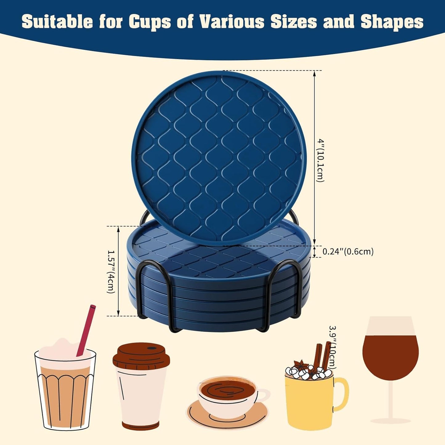 Coasters Set of 6,Hot or Cold Drink Coasters with Holder,Modern Style Coffee Table Coaster,Suitable for Kinds Cups Beer,Drink,Anti-Overflow Tabletop Protection(Navy Blue, 6pcs)