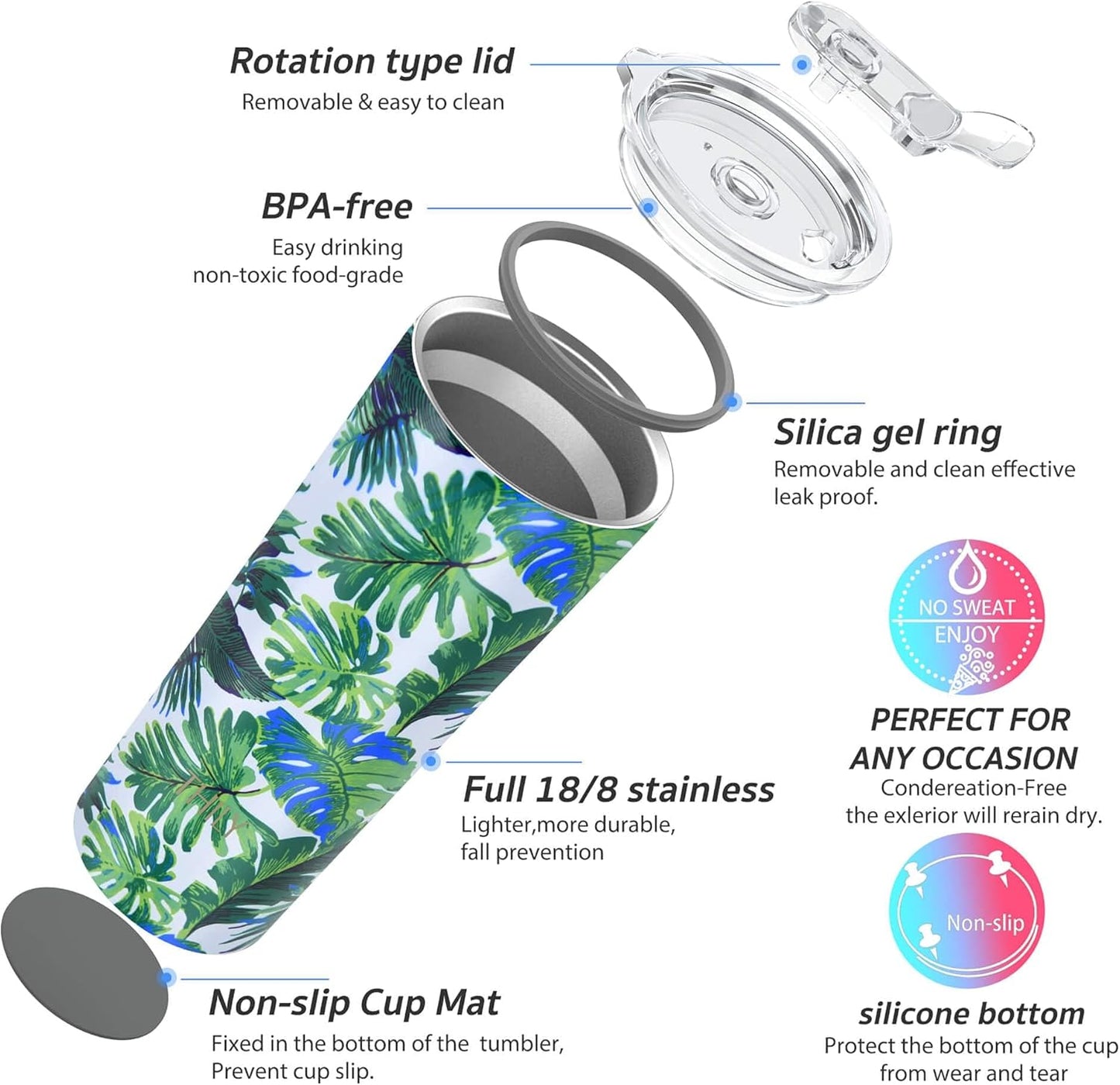 THILY Tumbler Stainless Steel Coffee Cup 26 oz Triple-Insulated Travel Mug with Splash-Proof Lid, for Ice Drinks and Hot Beverage Smoothies Cup, Green Plants