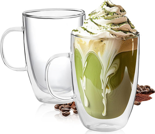 Set of 2 Double Walled Glass Coffee Mugs 16 Ounces Insulated Layer Coffee Cups with Handle Borosilicate Glass Espresso Cup for Hot Beverage,Cappuccino,Tea,Latte,Wine,Microwave Safe