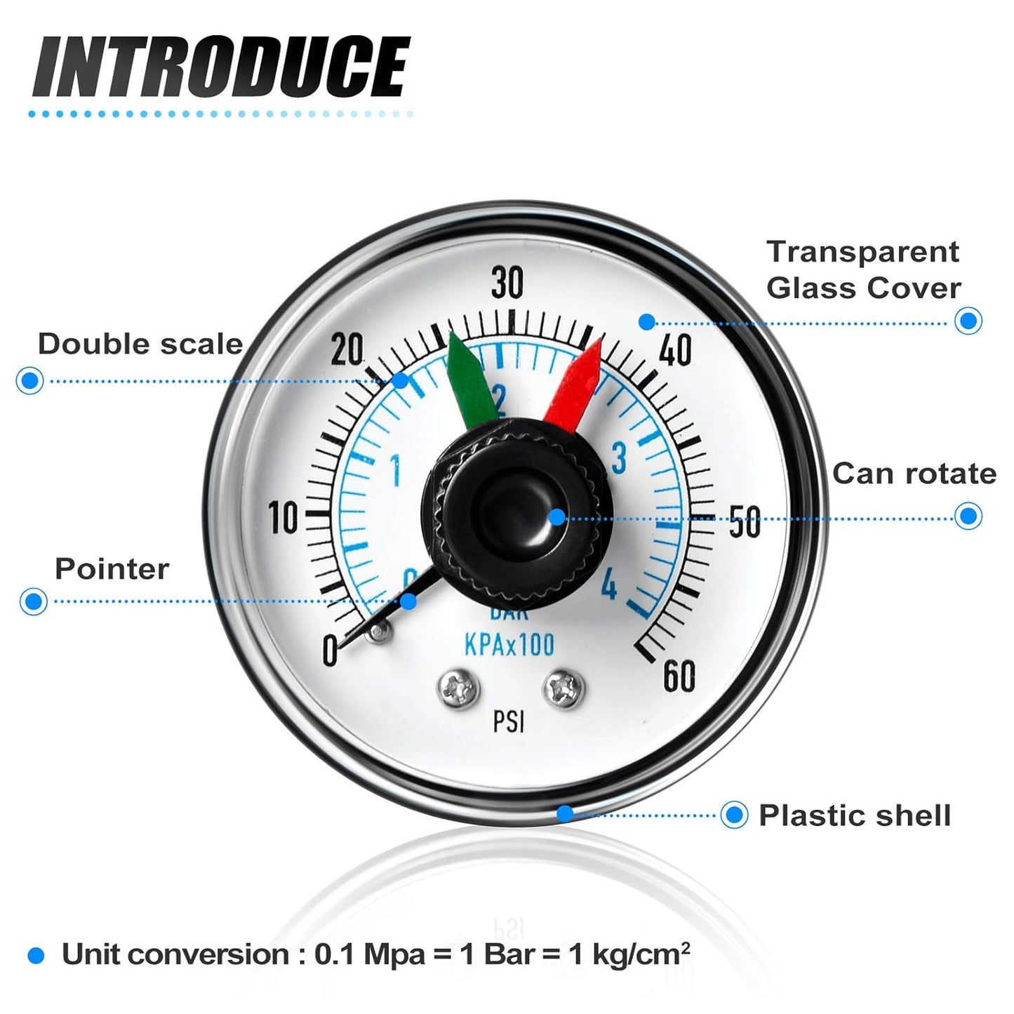 MEANLIN MEASURE 0-60Psi 1/4" NPT Pressure Gauge Box with dial for selecting Filter, 3-2-3% Accuracy, Center Back Mount, with 1/2" NPT and 3/8" NPT Hex Bushing
