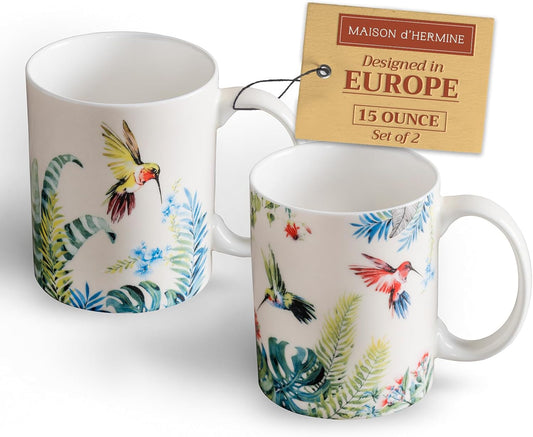 Maison d' Hermine Coffee Mug with Handles Fine Bone China Mugs Pack of Two Tea Cups for Hot Beverages Cappuccino Latte Home Restaurant Office Perfect for Gift (Tropiques, 15 Ounce)