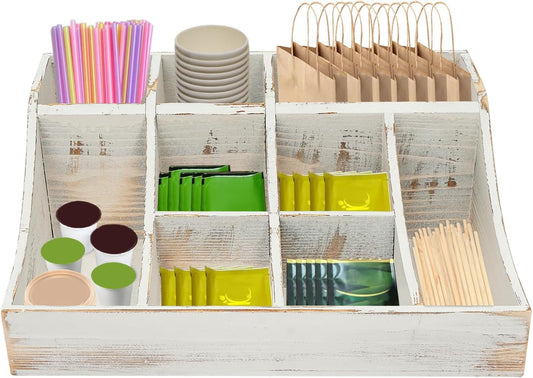 Coffee Bar Organizer for Countertop, Wooden Condiment Organizer Coffee Station Organizer Coffee Cup Syrup Pod Holder, Coffee Bar Organizer for Home Office Cafe, 9 Compartment, White