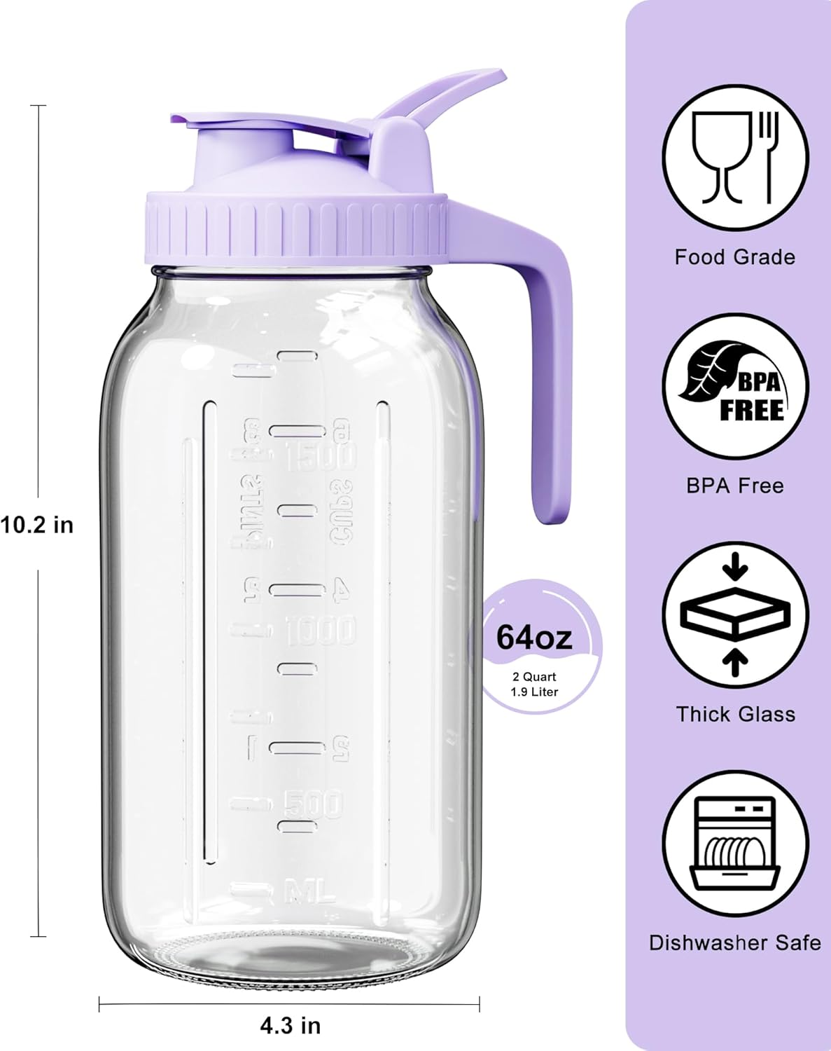 64oz Glass Mason Jar Pitcher with Lid Wide Mouth, 2 Quart Leakproof Glass Water Jug for Juice, Sun Iced Tea, Cold Brew Coffee, Milk Storage, Purple