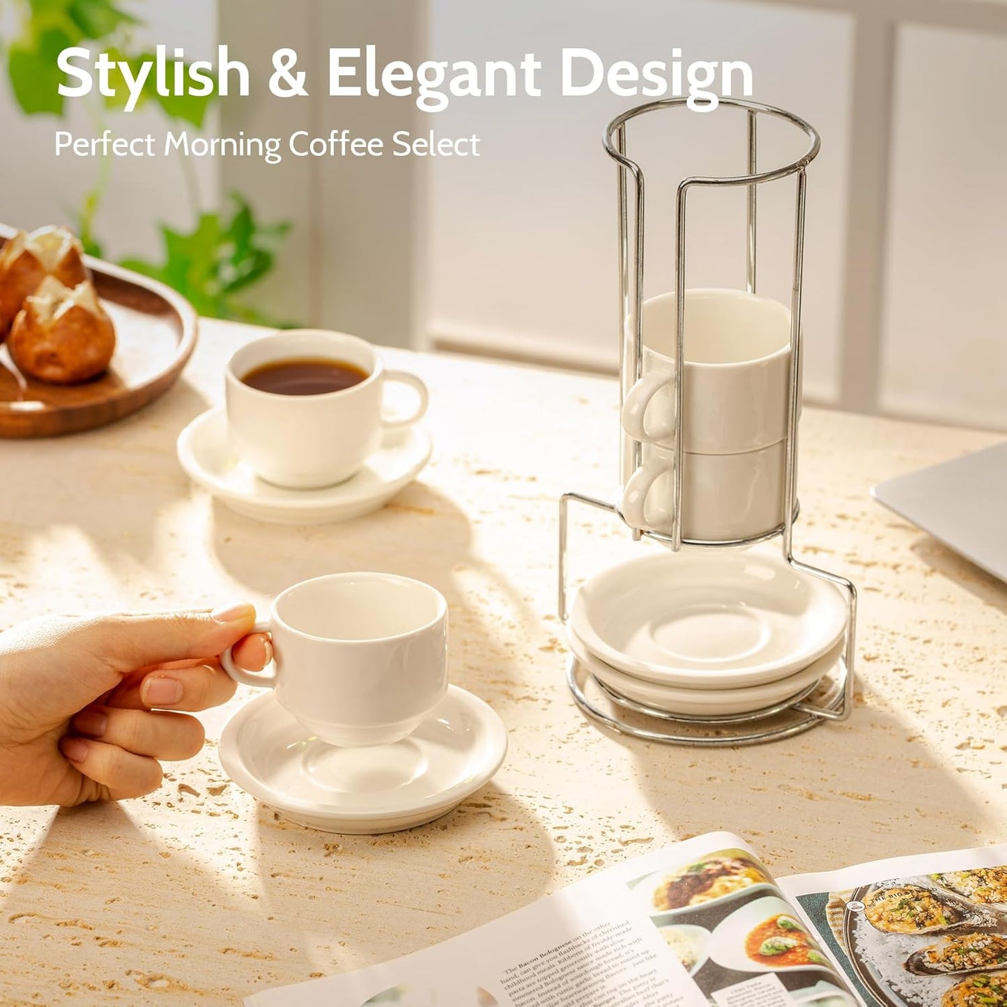 Sweese 4 Ounce Porcelain Stackable Espresso Cups with Saucers and Metal Stand Set of 4, White