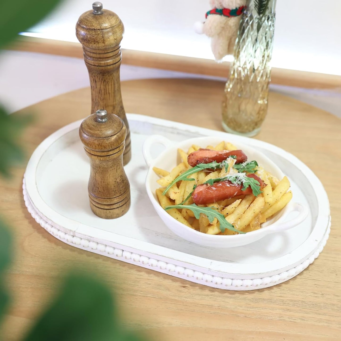 Oval Wood Serving Tray with Wooden Beads, Outdoor Farmhouse Decorative Tray for Ottoman, Coffee Table, Kitchen Counter Organizer, Home Decor(Whitewashed)