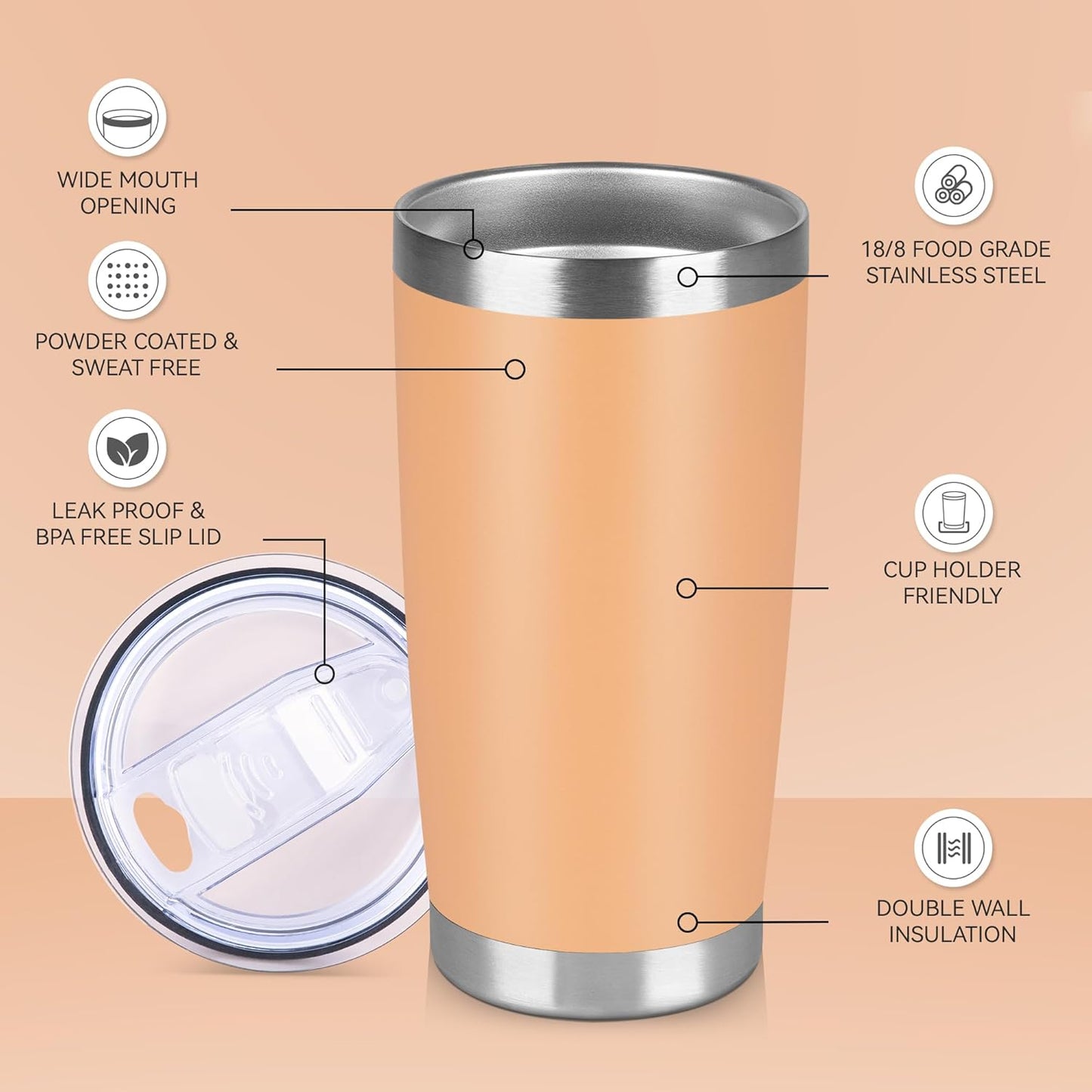 20 oz Tumbler Stainless Steel Tumblers Bulk with Lid Double Wall Insulated Coffee Tumbler Cups for Hot & Cold Drinks Powder Coated Travel Coffee Tumbler Mug Metal (Cream Orange, 1 pack)