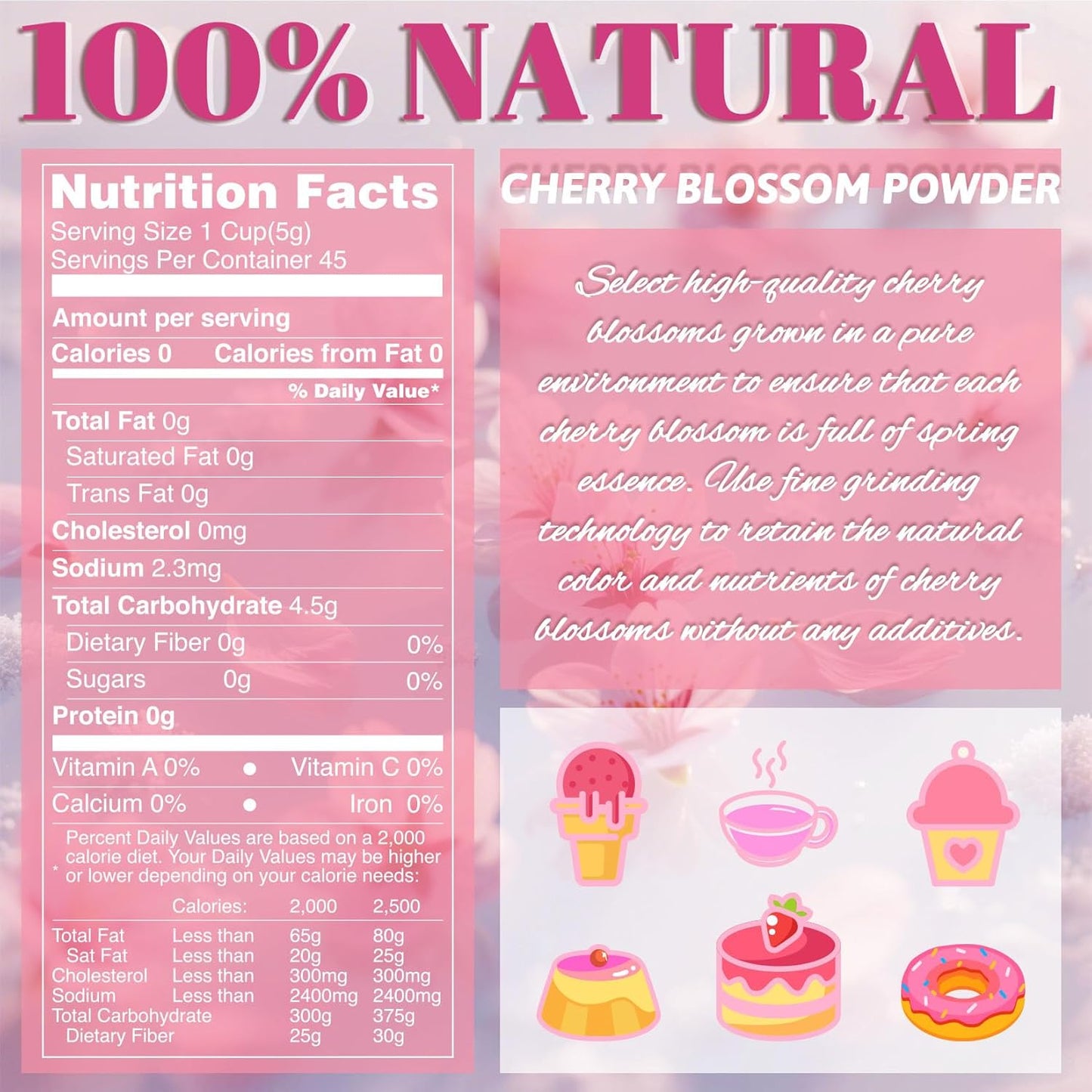 Cherry Blossom Powder - 8oz No Additive Sakura Powder for Baking, 100% Spring Season Cherry Blossom, Pink Color Natural Food Coloring, Perfect for Latte, Smoothies, Drinks - Vegan, Gluten Free