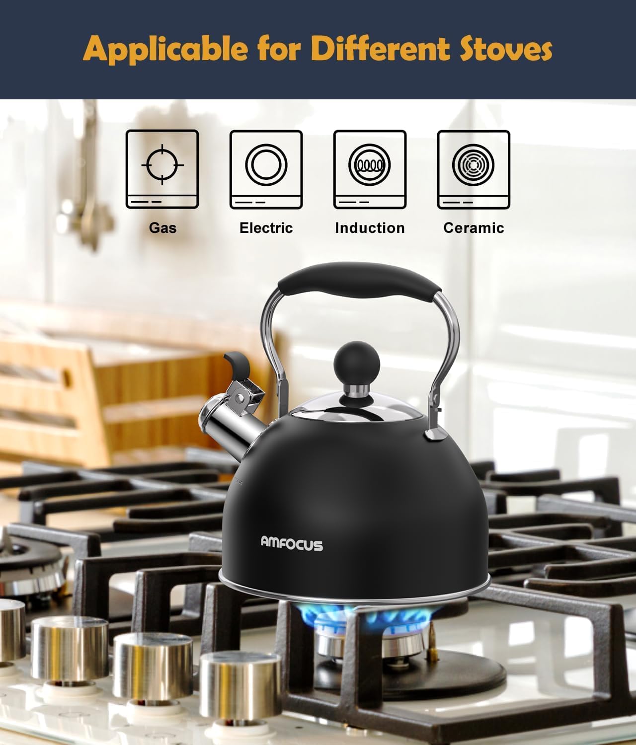 Tea Kettle, 2 Quart Stainless Steel Whistling Tea Kettle, Stovetop Whistling Teakettle Tea Pots for Stove Top with Ergonomic Folding Handle, Small Teapot, Water boiler for Tea, Coffee (Black)