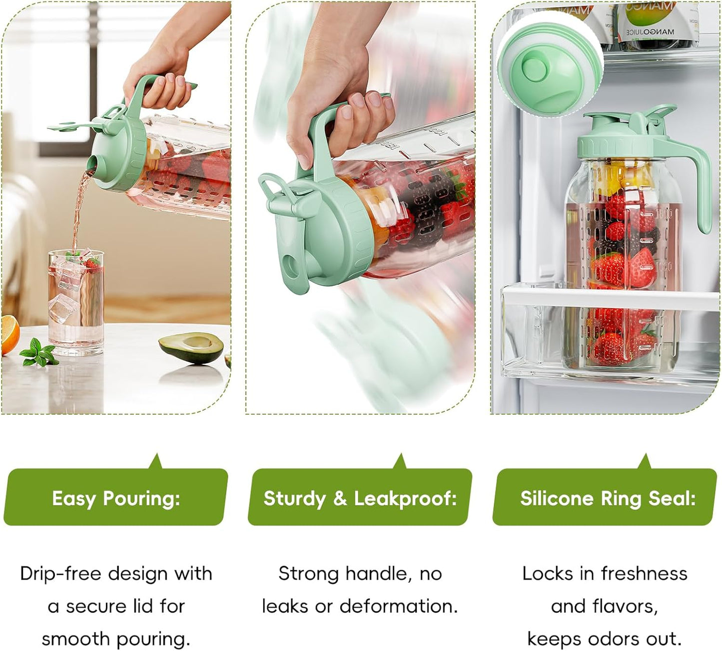 Fruit Infuser Water Pitcher,Glass Mason Jar Pitcher,64oz(2 Quart) Wide Mouth Jug with Pour Spout Handle Lid for Fruit Drinks,Cold Brew Coffee,Ice Beverage,Iced Juice,Lemonade,Sun Tea Container