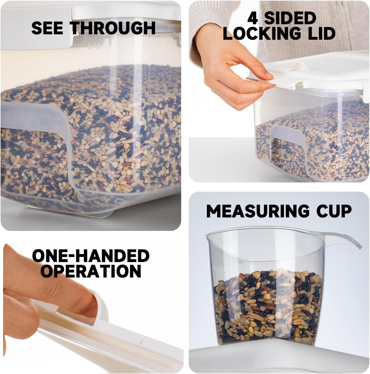 10 lbs Cereal Containers Storage - Airtight Flour Storage Container with Lids & 10 lbs Rice Dispenser, BPA Free Pantry Containers for Sugar and Cereal, White