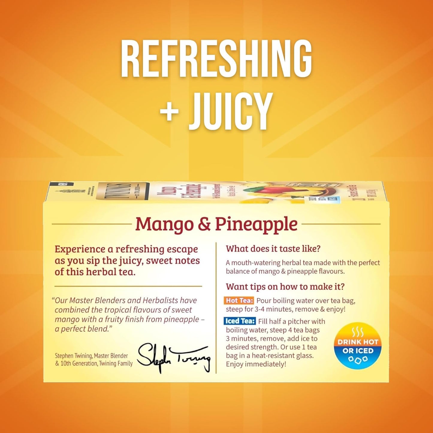 Twinings Mango & Pineapple Herbal Tea Individually Wrapped Bags, 20 Count (Pack of 1), Naturally Caffeine-Free, Enjoy Hot or Iced, 20 Teabags