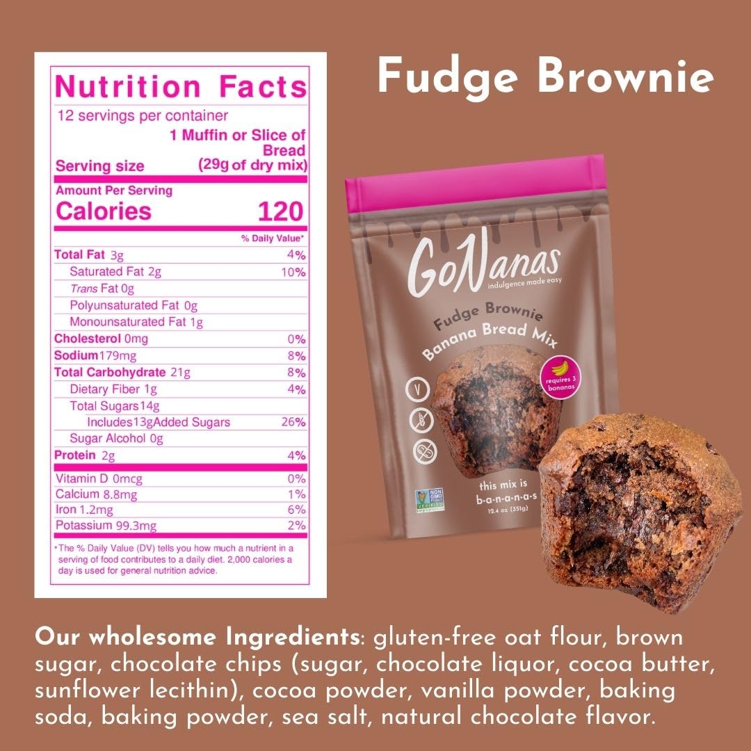 GoNanas Fudge Brownie Oat Flour Banana Bread Mix, Suitable for Plant Based Vegan Diets, Gluten Free Dairy Free Snacks, Healthy Snacks For Adults, Muffin Mix, Nut Free, Cupcakes Dessert, NON-GMO, 3pk