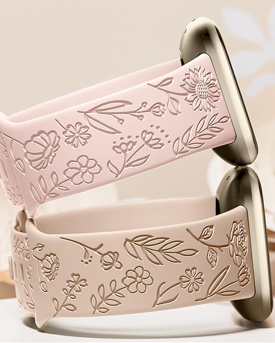 SNBLK 2 Pack Engraved Bands Only Compatible with Fitbit Versa 3/Fitbit Sense/Fitbit Versa 4/Fitbit Sense 2 Bands Four Models, Sunflower Rose Elegant Soft TPU Floral Pattern Replacement Strap Women