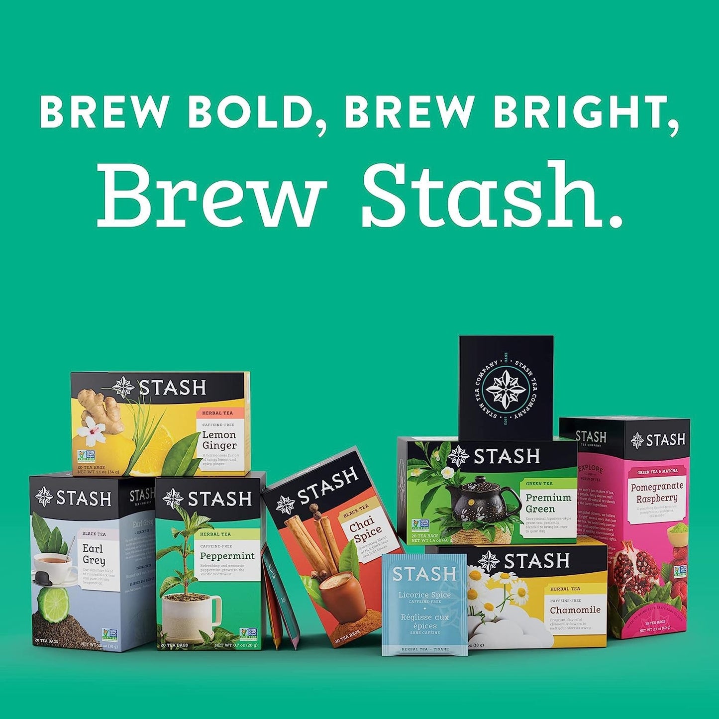 STASH Green Tea Variety Pack – Caffeinated, 6 Boxes of 18-20 Tea Bags Each – Pomegranate Raspberry, Premium Green, Moroccan Mint, Ginger Peach, Chai Green & Asian Pear Harmony