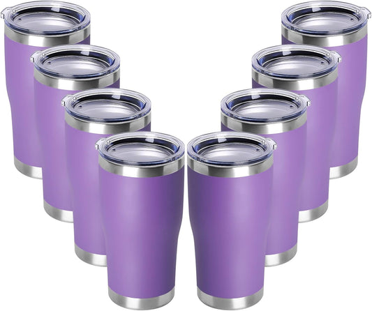 DOMICARE 20oz Tumbler with Lid Stainless Steel Tumblers Bulk, Double Wall Vacuum Insulated Coffee Travel Mug Powder Coated Tumbler, 8 Pack Purple