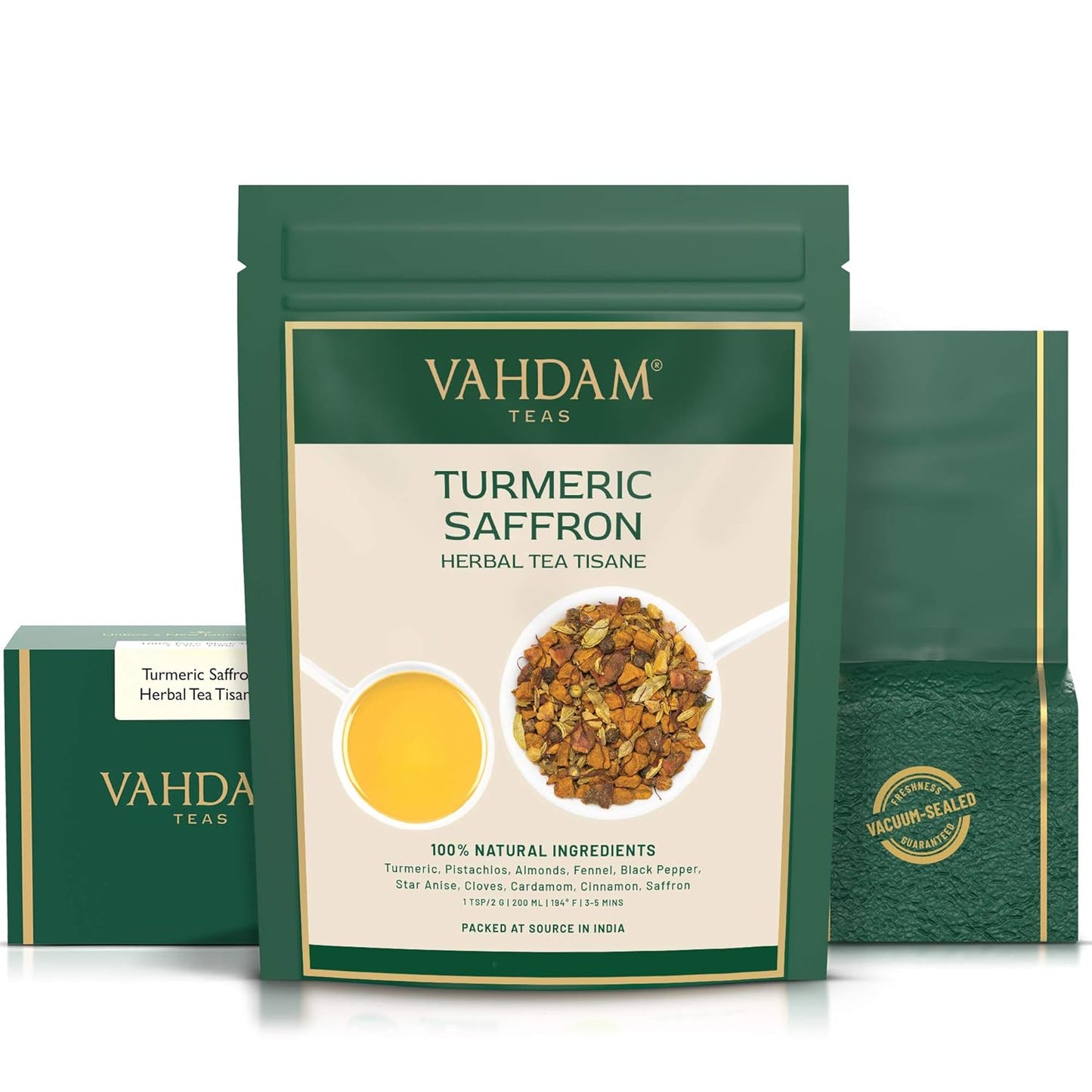 VAHDAM, Turmeric Saffron Herbal Tea Loose Leaf 100g (50 Cups, 3.5oz) Blend Of Turmeric Tea, Saffron Tea & Fresh Spices | Whole Loose-Leaf Tisane | Vacuum Sealed for Freshness