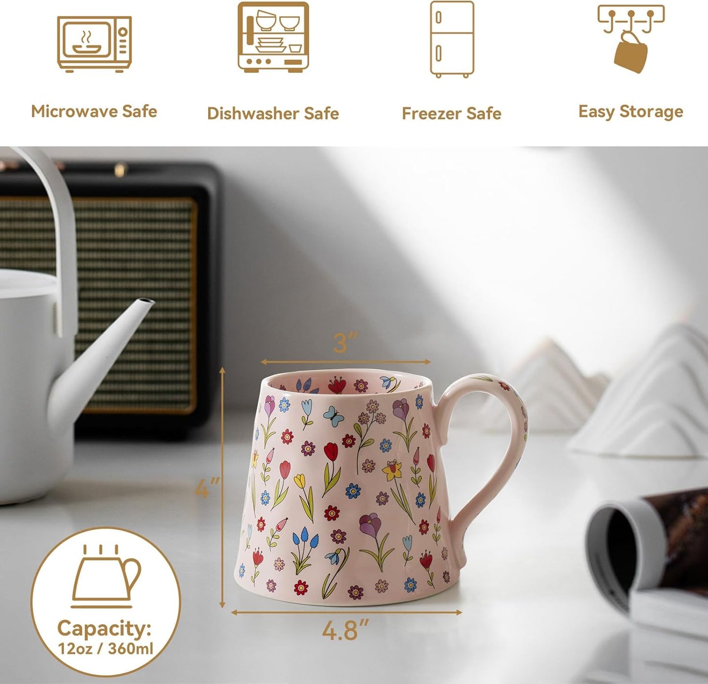 Ceramic Coffee Mug, Cute Creative Cup w/Unique Design Home Office, 12 oz Latte Tea Milk Gift for Women Girls Friend (White)