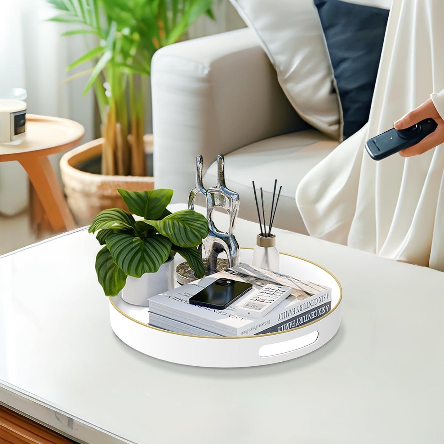 MAONAME White Decorative Tray for Coffee Table, Modern Round Serving Tray with Handles, 13" Plastic Tea Trays for Ottoman, Bathroom Decor