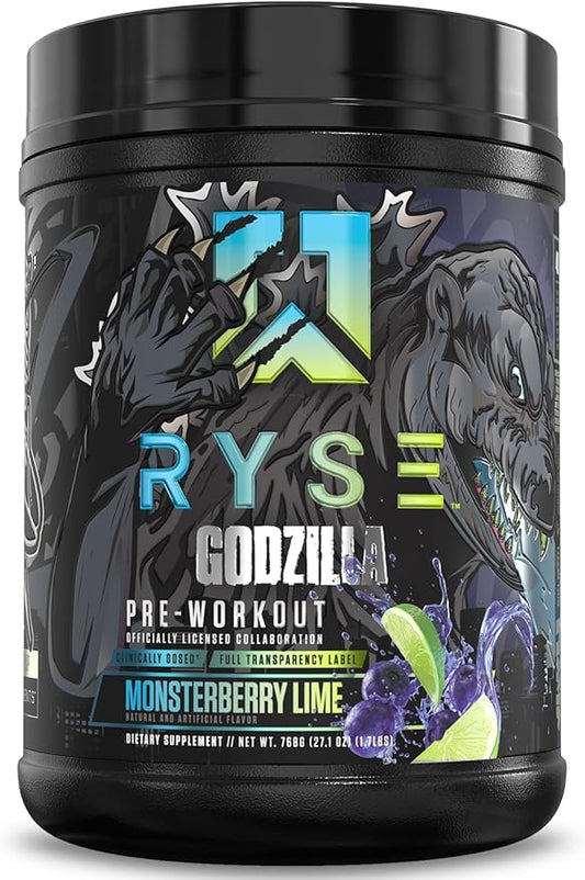 Ryse Godzilla X Noel Deyzel Pre Workout Powder - Monsterberry Lime - 400mg Caffeine, High Stim Pre-Workout for Men & Women with Citrulline & Beta Alanine - Energy, Pump & Focus - 20/40 Servings