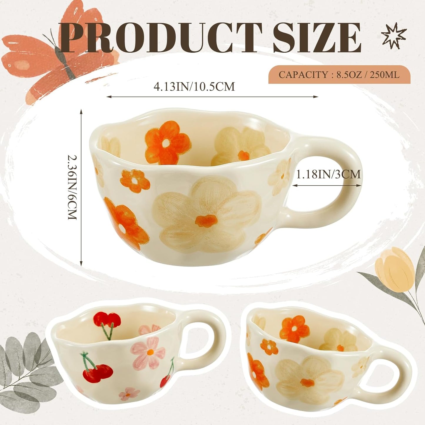 Vesici 2 Pcs Ceramic Coffee Mugs Flower Cups with Spoon Vintage Floral Mugs with Handle 8.5 oz Aesthetic Tea Porcelain Cup Gift for Valentine Office Home, Dishwasher and Microwave Safe(Fresh)