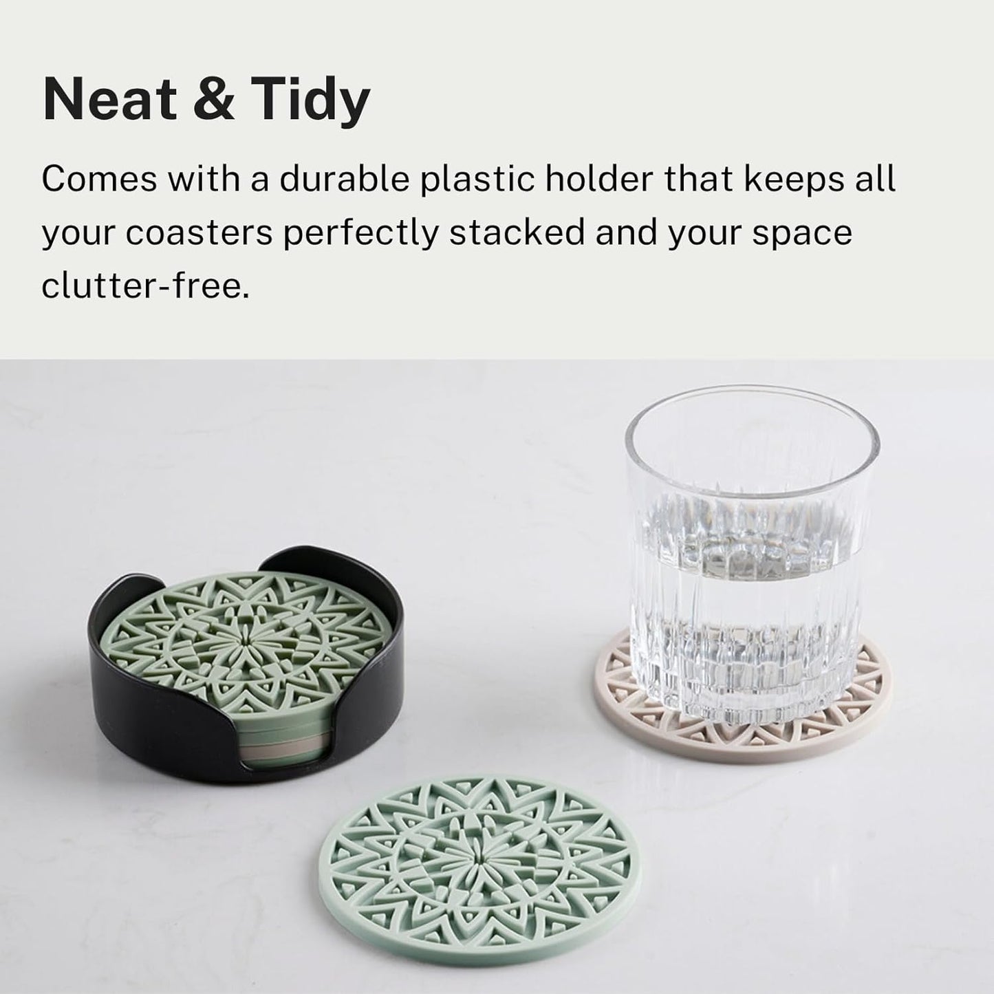 Set of 6 Light Taupe Silicone Coasters with Holder, Drink Coasters with Tribal Pattern Shape- for Table Protection, Anti Slip, Nonstick, Heat Resistant, Deep Tray