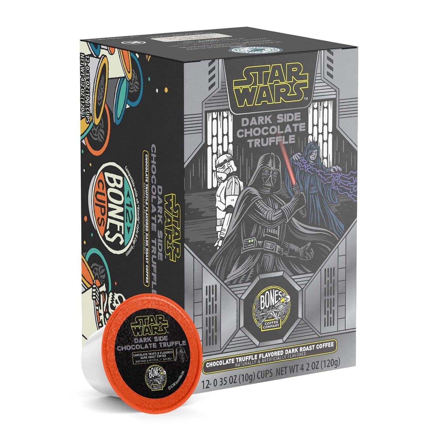 Bones Coffee Company Star Wars Dark Side, Chocolate Truffle Flavored Coffee Pods, Low Acid Medium Roast Single-Serve Bones Cups, Compatible with 1.0 & 2.0 Capsule Brewers Coffee Maker, 12 Count