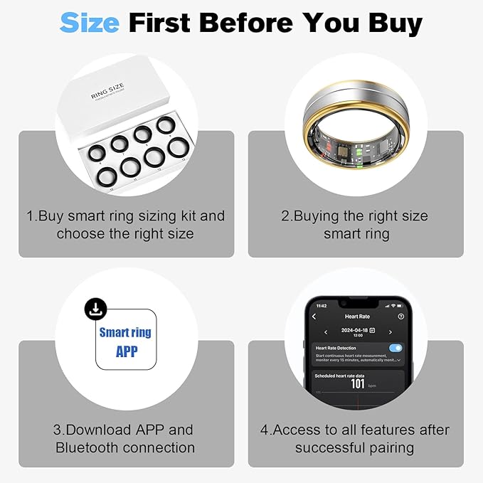 Smart Ring Health Tracker for Men/Women,Fitness Ring Sleep Tracker,Fast Charging for Long-Lasting Use,for Pedometer Exercise,Monitor Sleep, Heart Rate, Stress,Waterproof (Silver, 8)