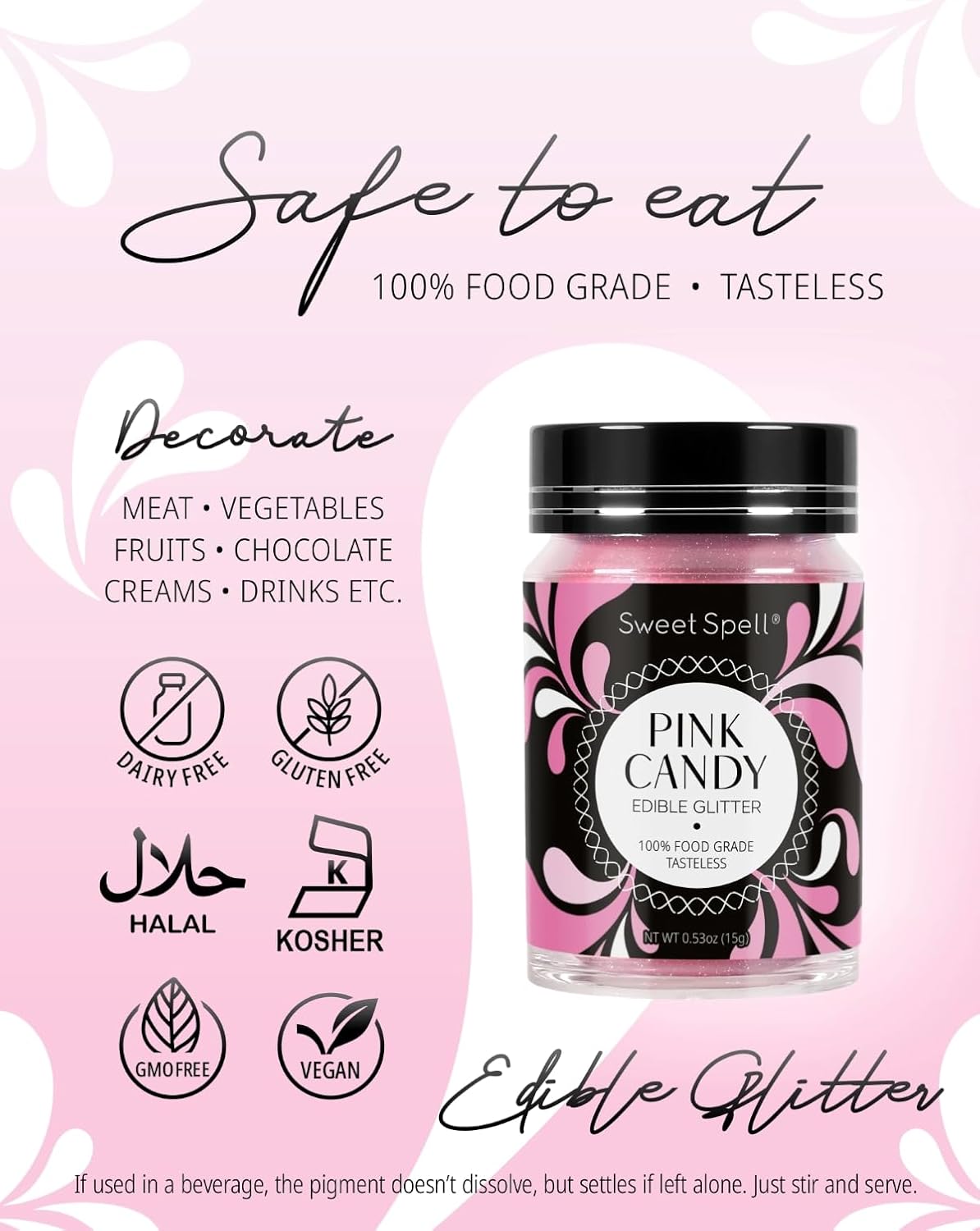 Sweet Spell Edible Glitter (15g) - Shimmer Sparkles for Drinks, Cakes, Cocktails - 100% Edible & Food Grade Glitter, Vegan, Gluten-Free (Pink Candy)