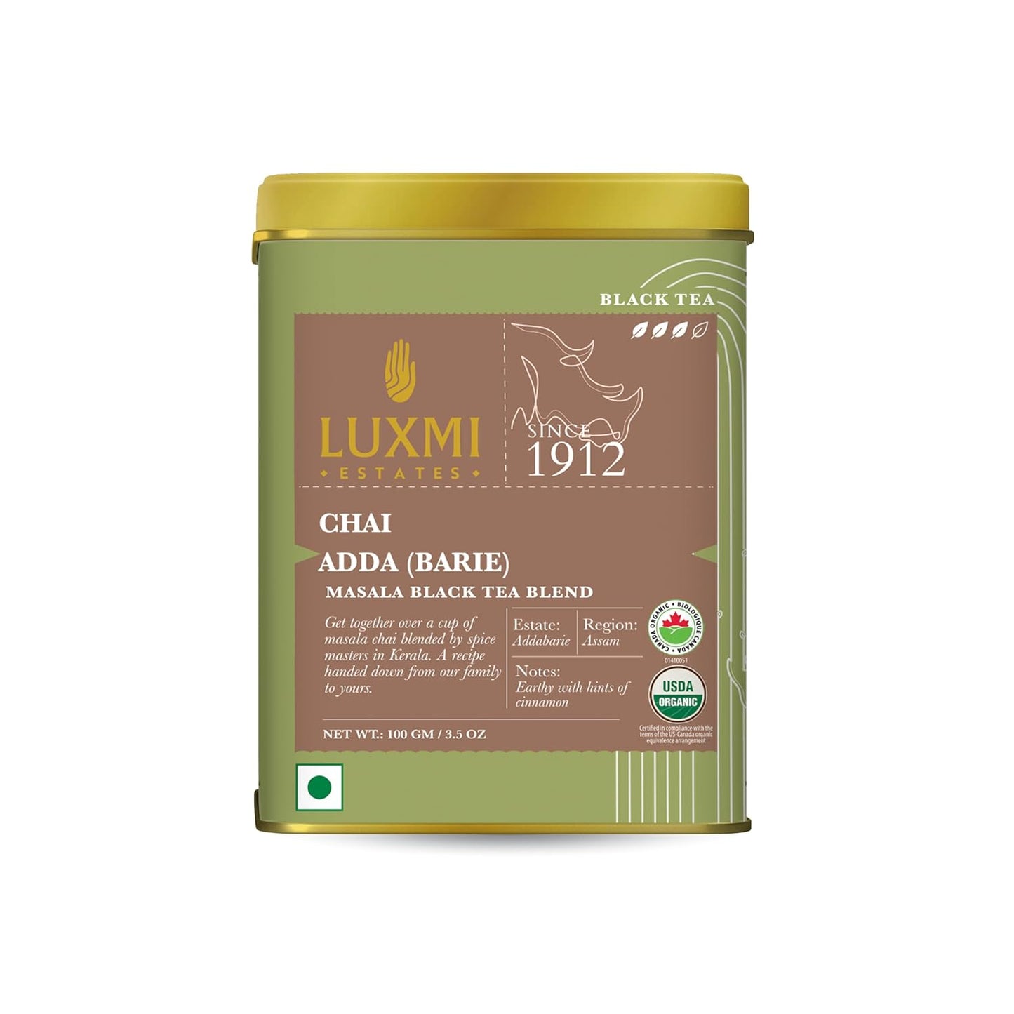Luxmi Estates Chai Adda-Bari 100gm Tin | Masala Chai | Certified Organic Black Tea
