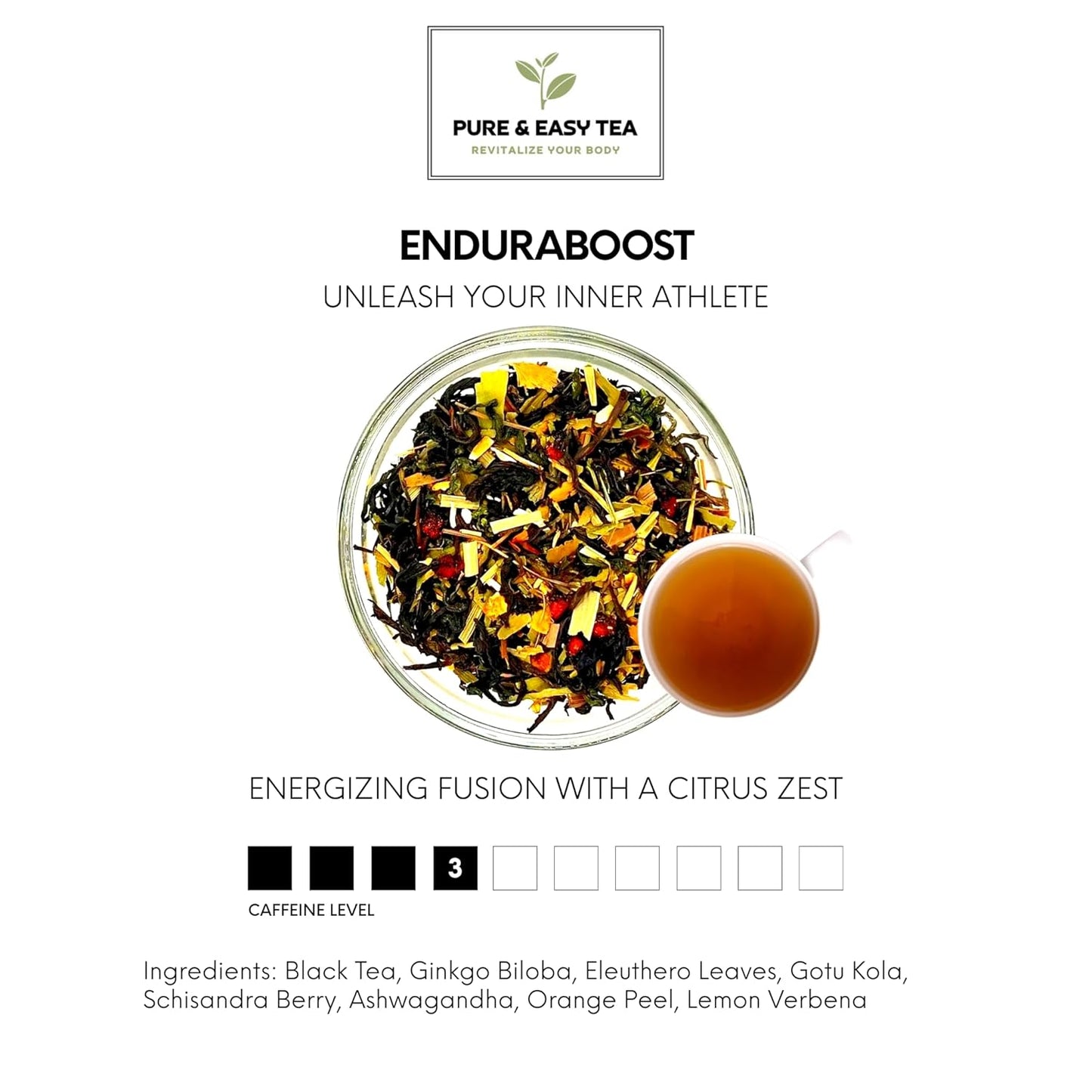 Pure And Easy Tea, EnduraBoost, Natural Energy & Endurance Tea, Caffeinated Loose Leaf Blend with Performance Herbs, Supports Stamina, Focus & Athletic Performance, 30-Day Supply, 100g/3.5oz