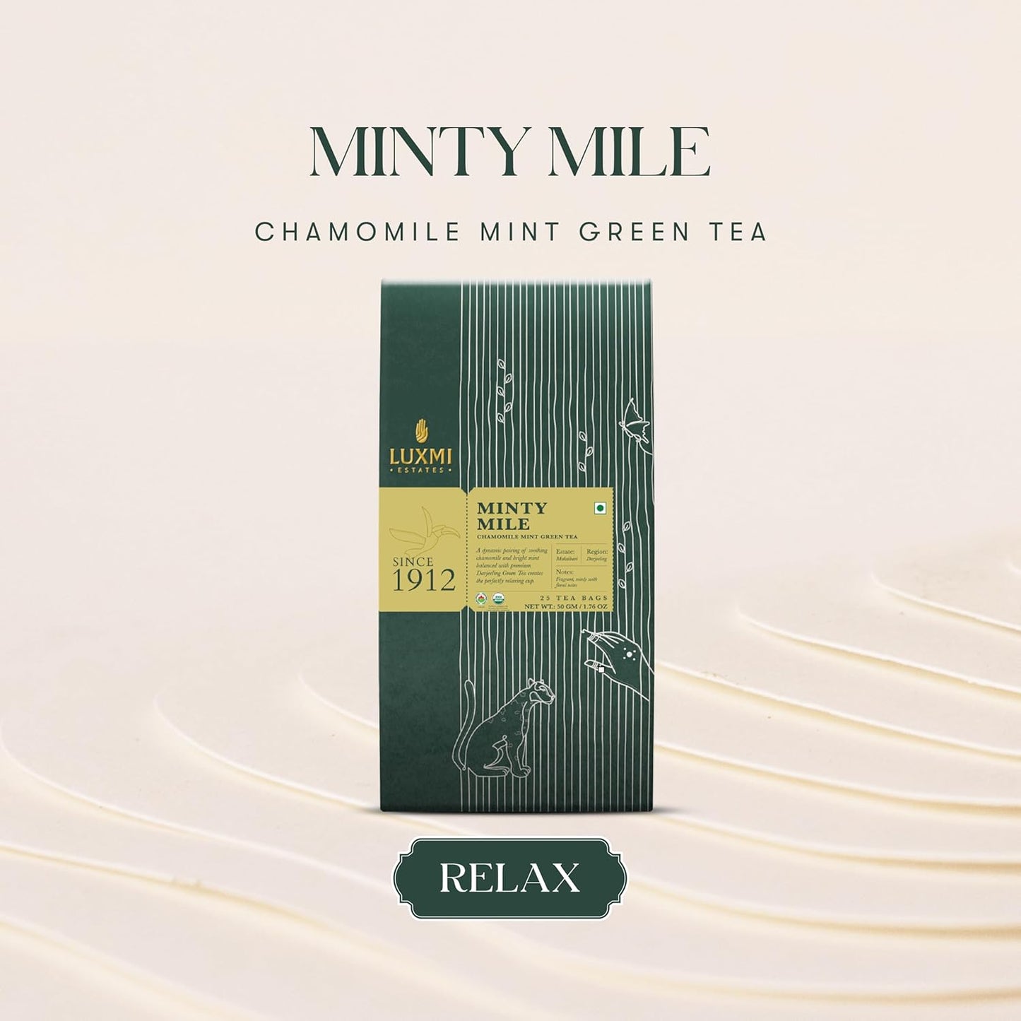 Luxmi Estates Minty Mile Organic Chamomile Mint Green Tea (25 Tea Bags) Low Caffeine Tea Bags For Relaxing, Calming, and Stress Relief, With Certified Organic Darjeeling Makaibari Green Tea