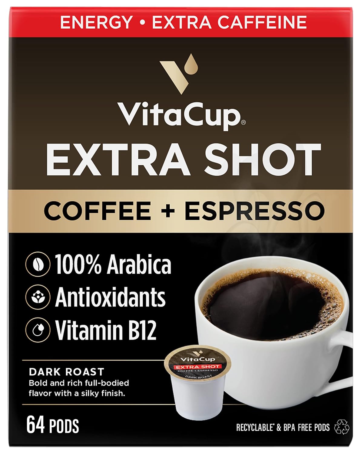 VitaCup Extra Shot Strong Coffee Pods, Bold & Intense Dark Roast w/Espresso Shot, High Caffeine, Vitamin B12, Antioxidants, Recyclable Single Serve Pod Compatible with Keurig K-Cup Brewers, 64ct