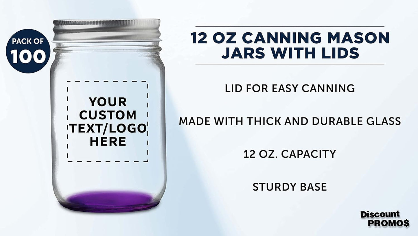 DISCOUNT PROMOS 100 Decorating Mason Jars Set, 12 oz. - Customizable Text, Logo - Canning, Aluminum Lid - Purple
