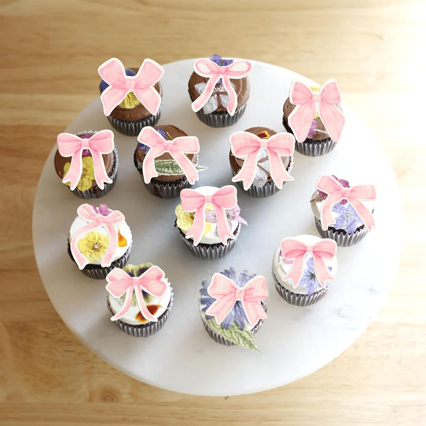 Gyufise 50Pcs Edible Pink Bowknot Cupcake Toppers Wafer Paper Bowknot Cake Dessert Picks Drink Topper Baby Shower Princess Cupcake Toppers for Birthday Party Decoration Supplies