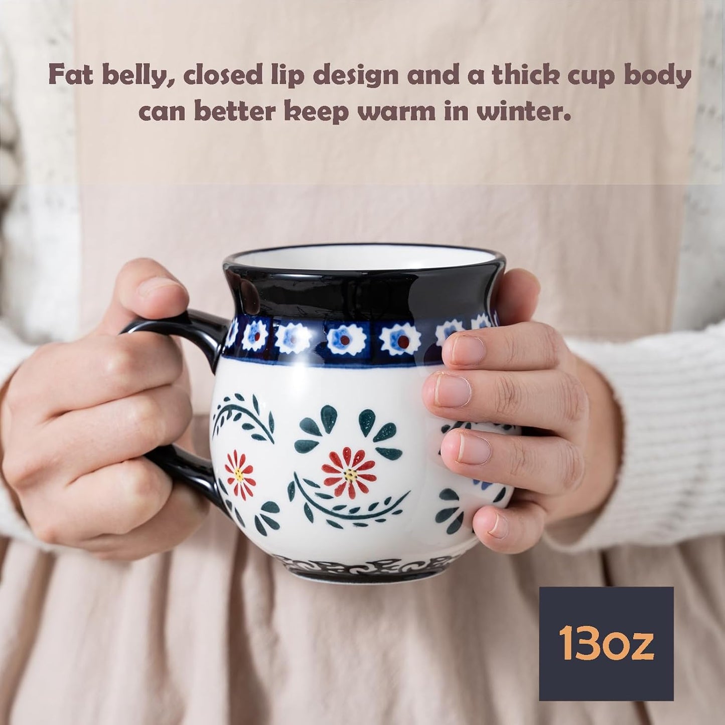 ALMA Handpainted Blue Coffee Mug,Potbelly Ceramic Coffee Mug, Premium Hand Warmer Tea Mug, Microwave & Dishwasher safe-12.85oz(380ml)