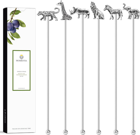 Homestia Swizzle Stick, Stainless Steel Coffee Stirrers, 7.5" Reusable Cocktail Picks Drink Swizzle Stir Sticks, 6PCS Reusable Coffee Beverage Drink Swizzle Stick Tools with Animal Design