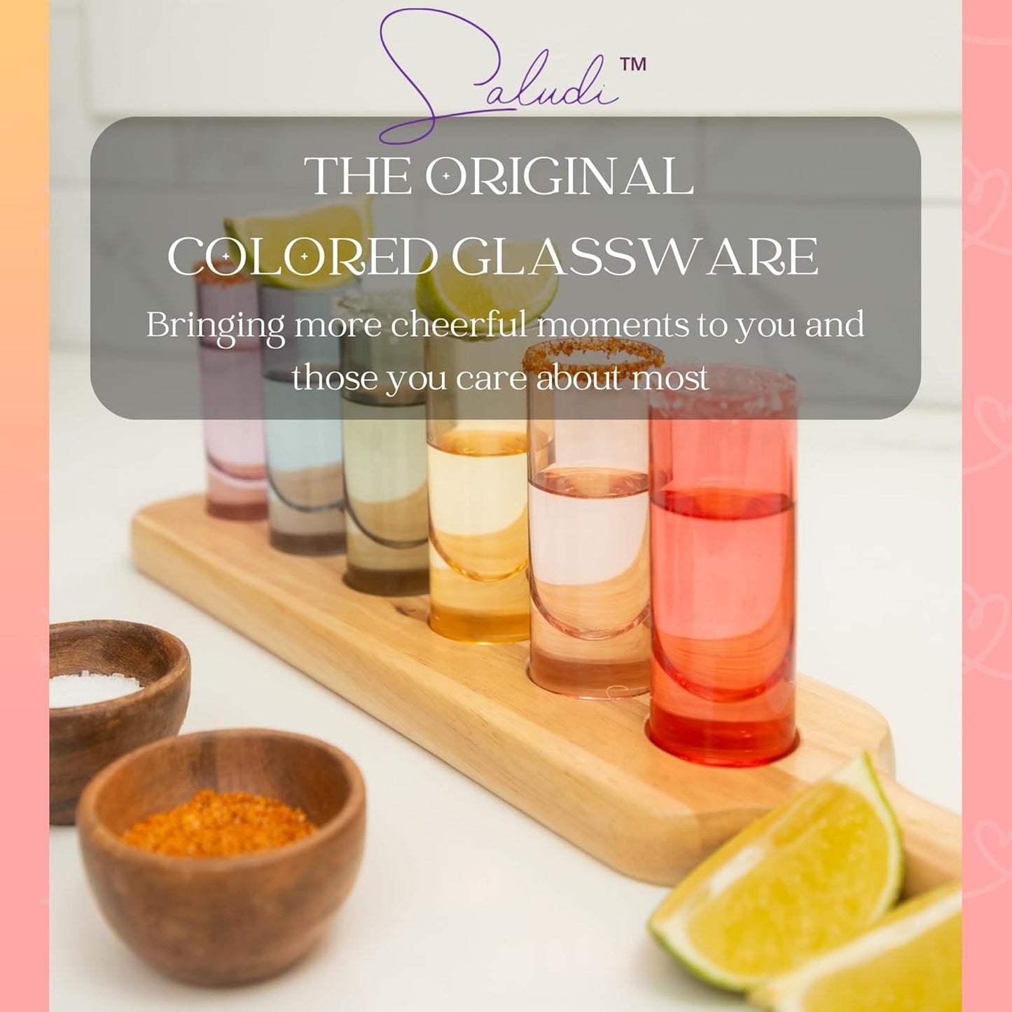 Saludi Colored Shot Glasses, 2oz (Set of 6) Multi-Color Glass with Wood Paddle - Luxury, Durable, Hand-Blown