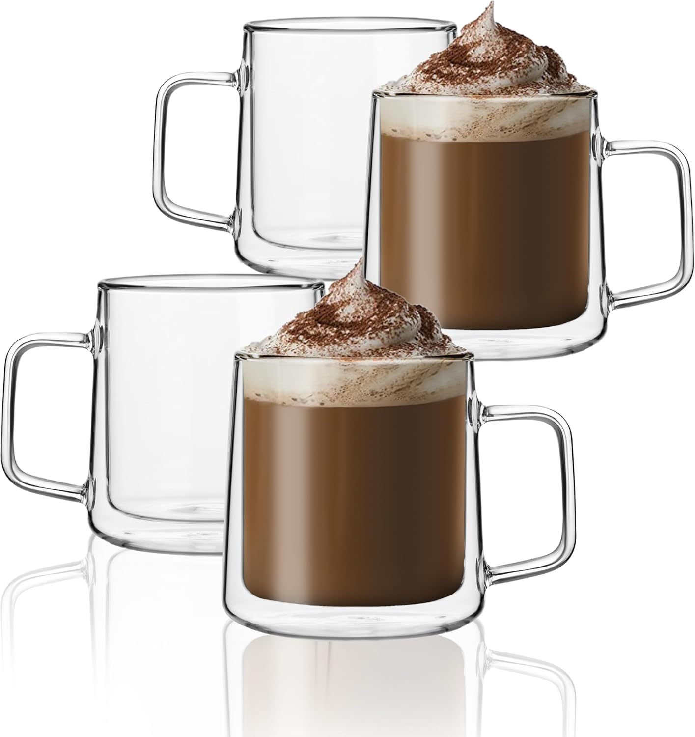 CNGLASS 15.2oz(4-pack) Glass Coffee Mugs,Double Wall Insulated Glass Mugs with Handle,Clear Espresso Mugs for Latte,Cappuccino,Tea Bag