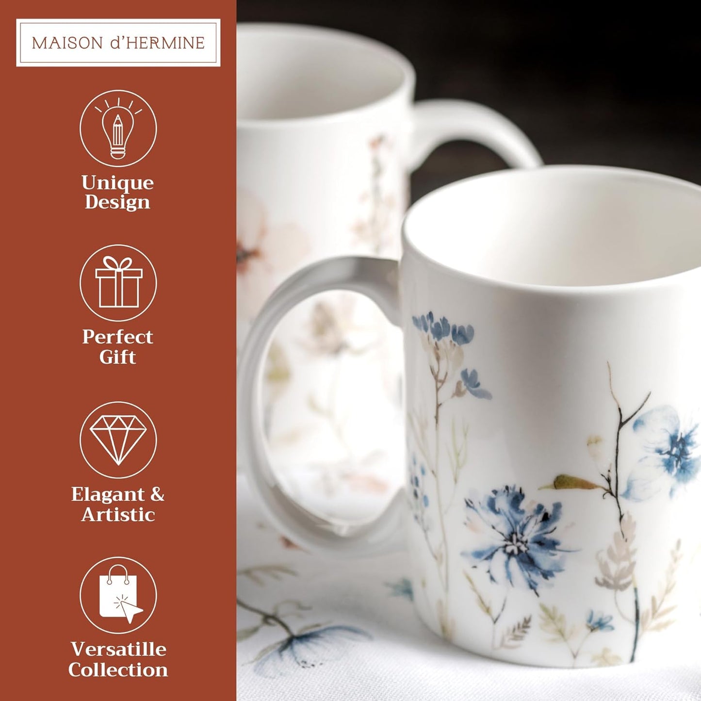 Maison d' Hermine Coffee Mug with Handles Fine Bone China Mugs Pack of Two Tea Cups for Hot Beverages Cappuccino Latte Home Restaurant Office Perfect for Gift (Ice Florals, 12 Ounce)