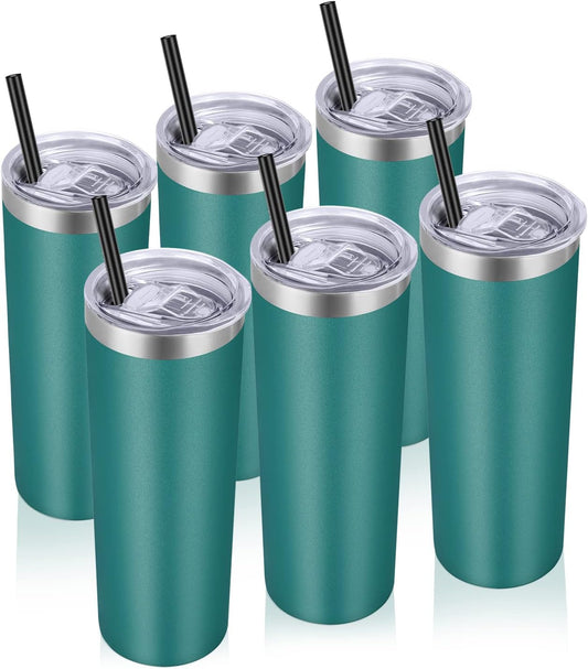 VEGOND Stainless Steel Tumblers Bulk 6 Pack, 20 oz Vacuum Insulated Skinny Tumblers with Lid and Straw, Double Wall Coffee Mug, Travel Water Cup, Dark Green