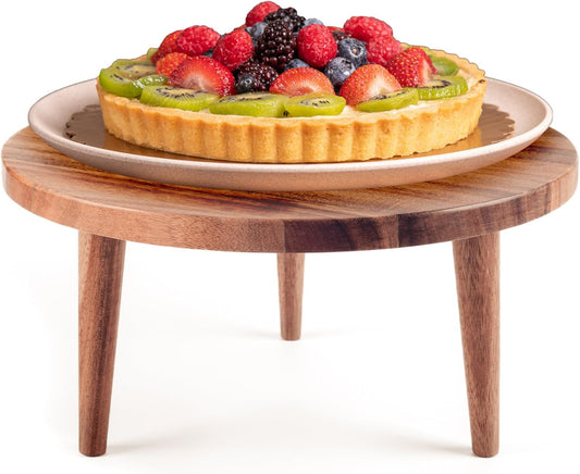 Acacia Wooden Round Footed Serving Board - Pedestal Riser Cake Stand with Removable Legs - Charcuterie Tray Cheese Bread Fruit Vegetable Platters - Plant Holder Set 12 X 6 inches