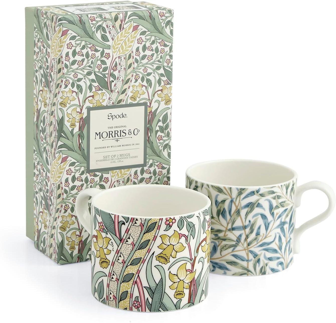 Spode Morris & Co 12oz Mugs, Set of 2 (Daffodil & Willow Bough) - Microwave & Dishwasher Safe, Elegant Porcelain Drinkware for Coffee Bar or Giftable Home Kitchen Mug Set. Ideal for Coffee & Tea