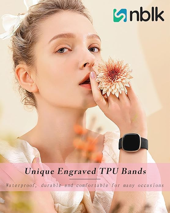 SNBLK 2 Pack Engraved Bands Only Compatible with Fitbit Versa 3/Fitbit Sense/Fitbit Versa 4/Fitbit Sense 2 Bands Four Models, Sunflower Rose Elegant Soft TPU Floral Pattern Replacement Strap Women