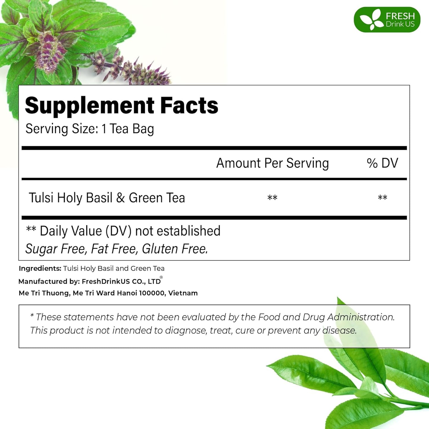 FreshDrinkUS, Premium 135 Tulsi Green Tea Bags, 100% Natural, Blend of Tulsi Holy Basil Leaves, and Green Tea Leaves. Made with Natural Material Tea Bags. No Sugar, Vegan.