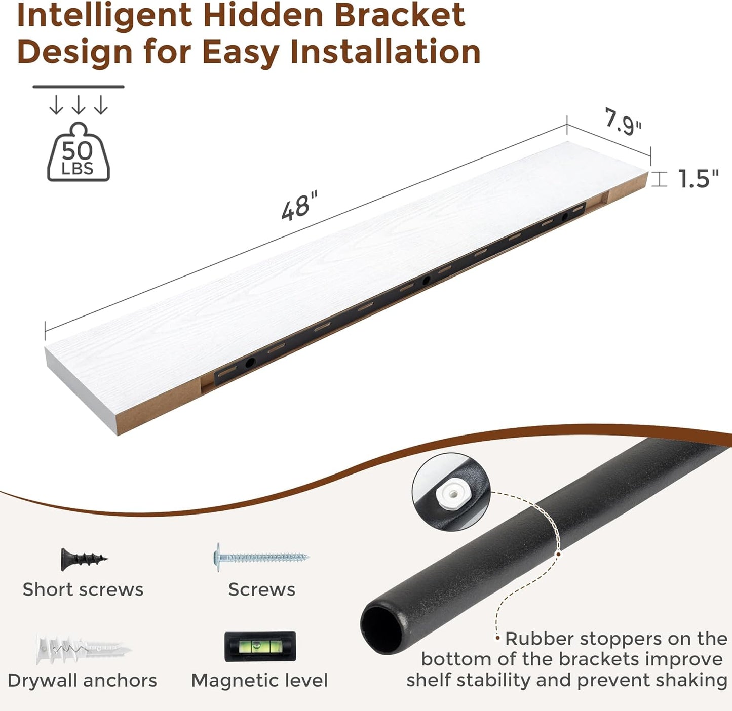 Heimlove 48 Inch Floating Shelves for Wall 8 Inch Deep White Shelves Set of 2,Wall Mounted Rustic Wood Long Floating Shelf，Large Display & Storage Shelf with Invisible Brackets